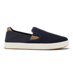 Navy blue slip-on sneaker with tan heel panel and cream rubber sole.