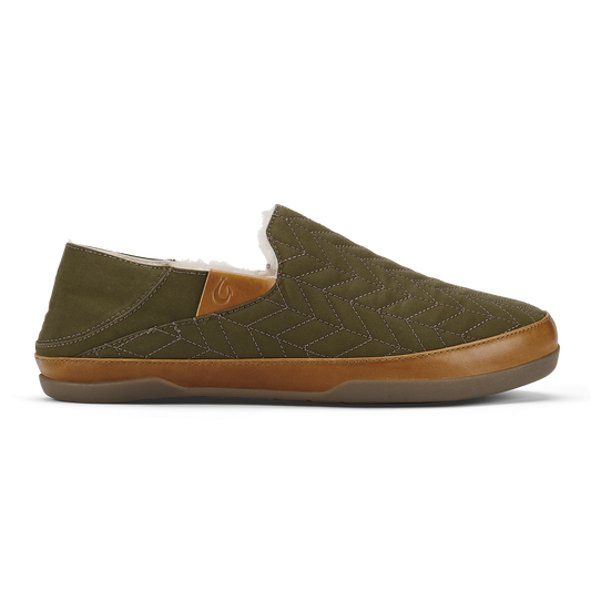 Olive quilted slip-on shoe with tan leather trim and brown rubber sole, shown in profile view.
