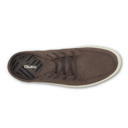 Dark brown suede chukka boot with tan laces and cream-colored sole, shown from above.