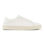 White leather lace-up sneaker with cream rubber sole and textured heel panel.
