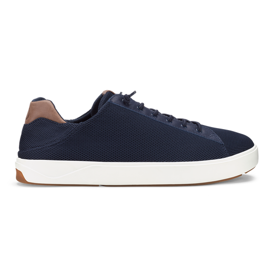 Navy mesh lace-up sneaker with white sole and tan heel detail.