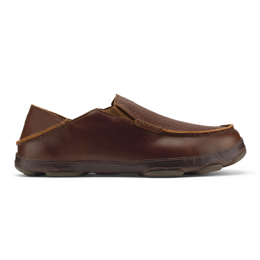 Dark brown leather slip-on loafer with tan accent stitching and cushioned sole.