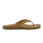 Tan flip-flop sandal with thong strap and cushioned sole, shown from side view.
