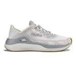 White and gray lace-up running shoe with mesh upper, cushioned midsole, and gum rubber outsole shown in side view.