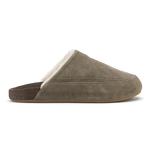 Tan and dark brown suede slipper with cream fleece lining and brown sole, shown from the side.